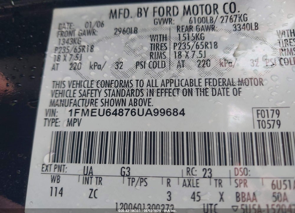 2006 FORD EXPLORER VIN: 1FMEU64876UA99684