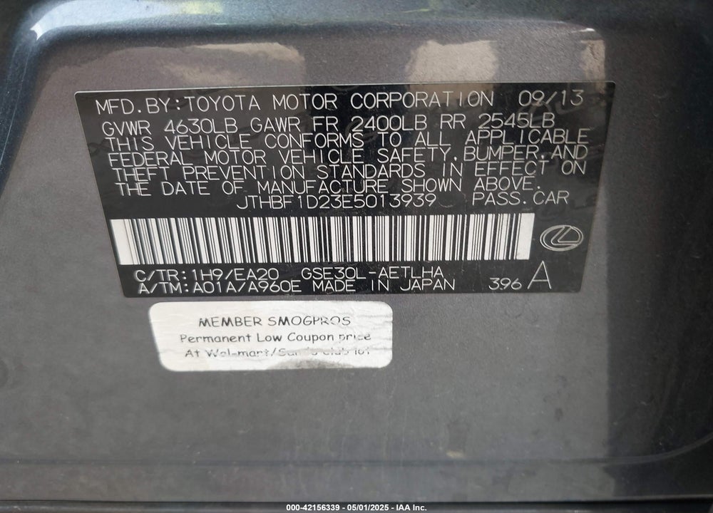 2014 LEXUS IS 250 VIN: JTHBF1D23E5013939
