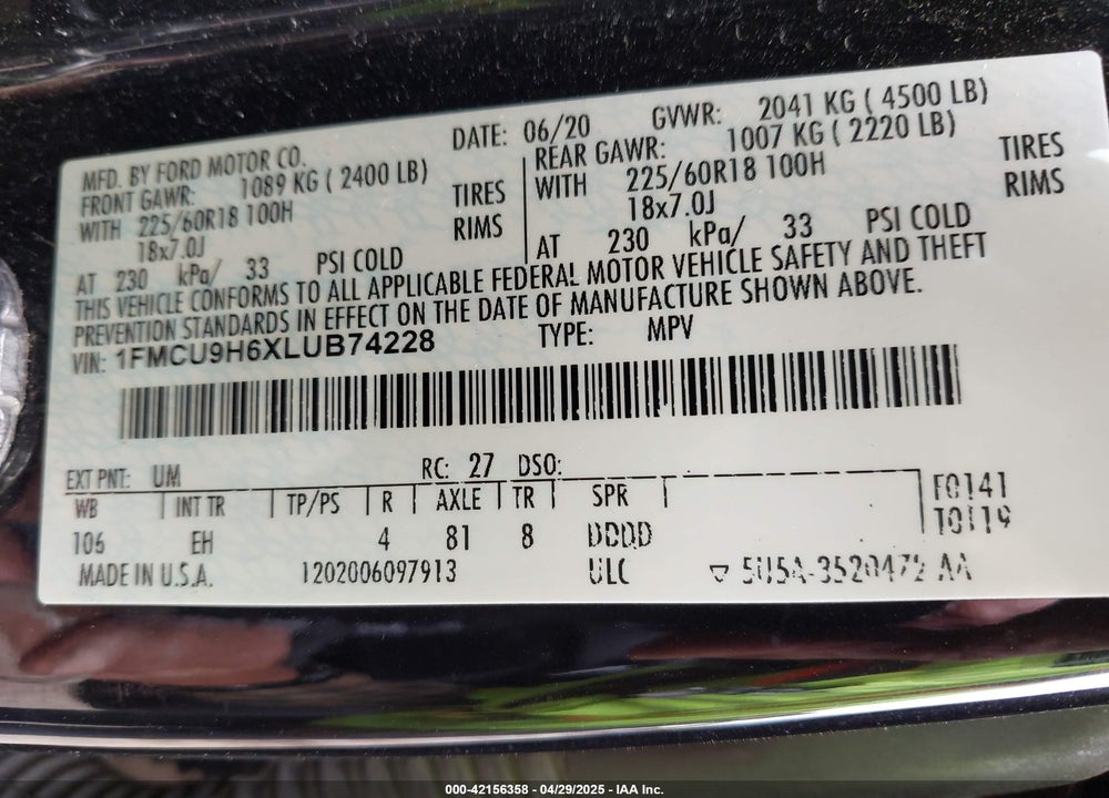 2020 FORD ESCAPE VIN: 1FMCU9H6XLUB74228