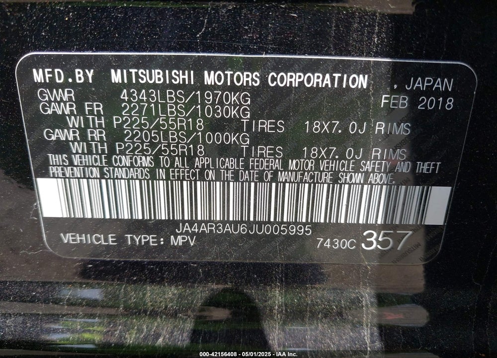 2018 MITSUBISHI OUTLANDER SPORT VIN: JA4AR3AU6JU005995