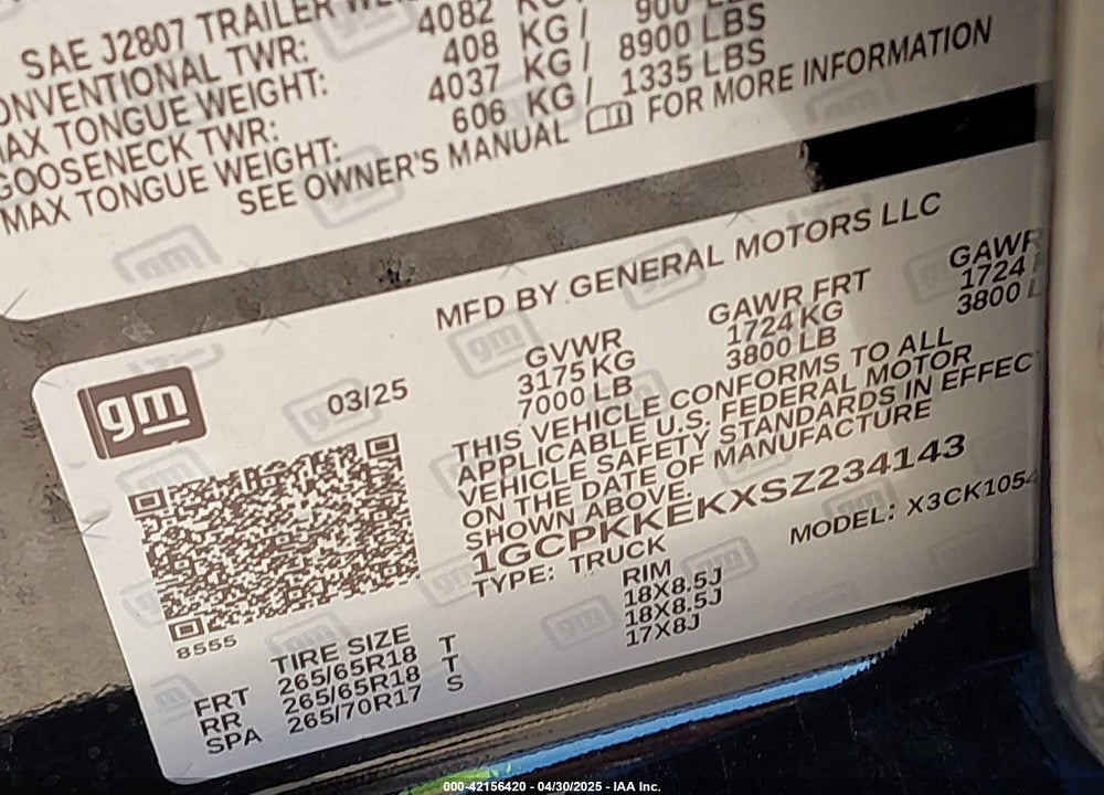 2025 CHEVROLET SILVERADO 1500 VIN: 1GCPKKEKXSZ234143