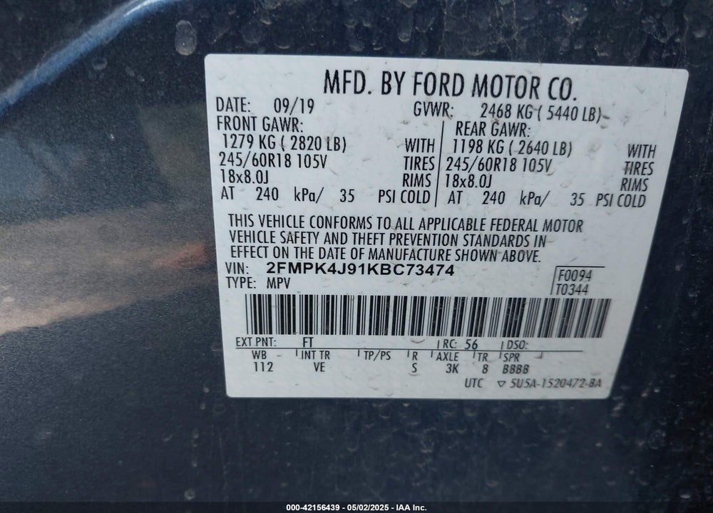 2019 FORD EDGE VIN: 2FMPK4J91KBC73474