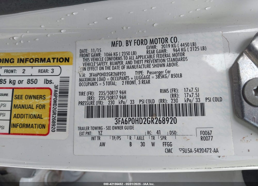 2016 FORD FUSION VIN: 3FA6P0HD2GR268920