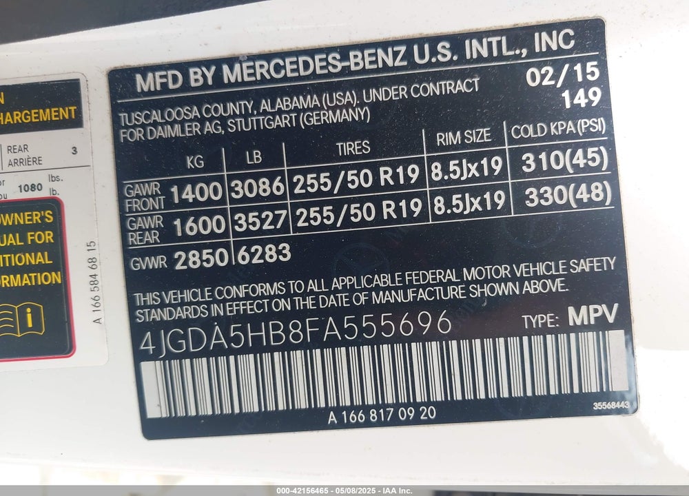 2015 MERCEDES-BENZ ML 350 4MATIC VIN: 4JGDA5HB8FA555696