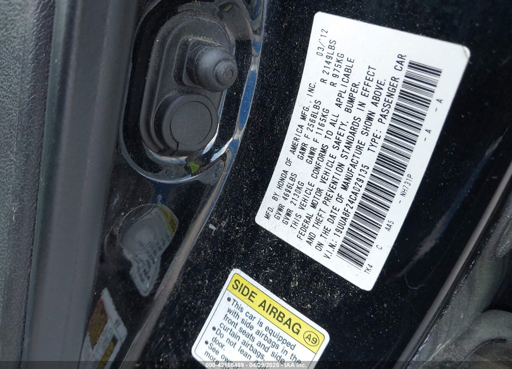 2012 ACURA TL VIN: 19UUA8F24CA029135