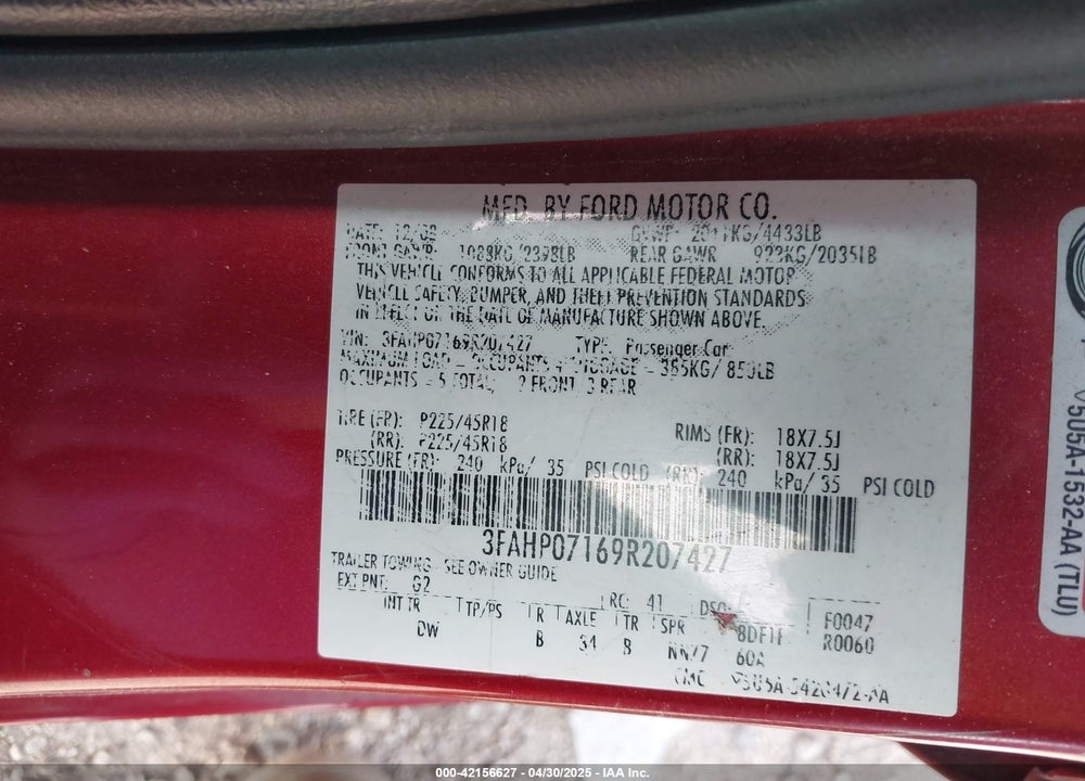 2009 FORD FUSION VIN: 3FAHP07169R207427