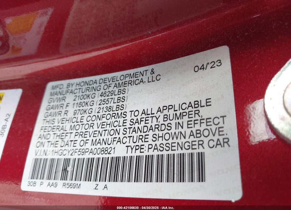 2023 HONDA ACCORD VIN: 1HGCY2F59PA008821