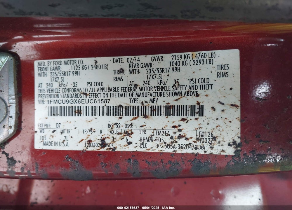 2014 FORD ESCAPE SE VIN: 1FMCU9GX6EUC61587