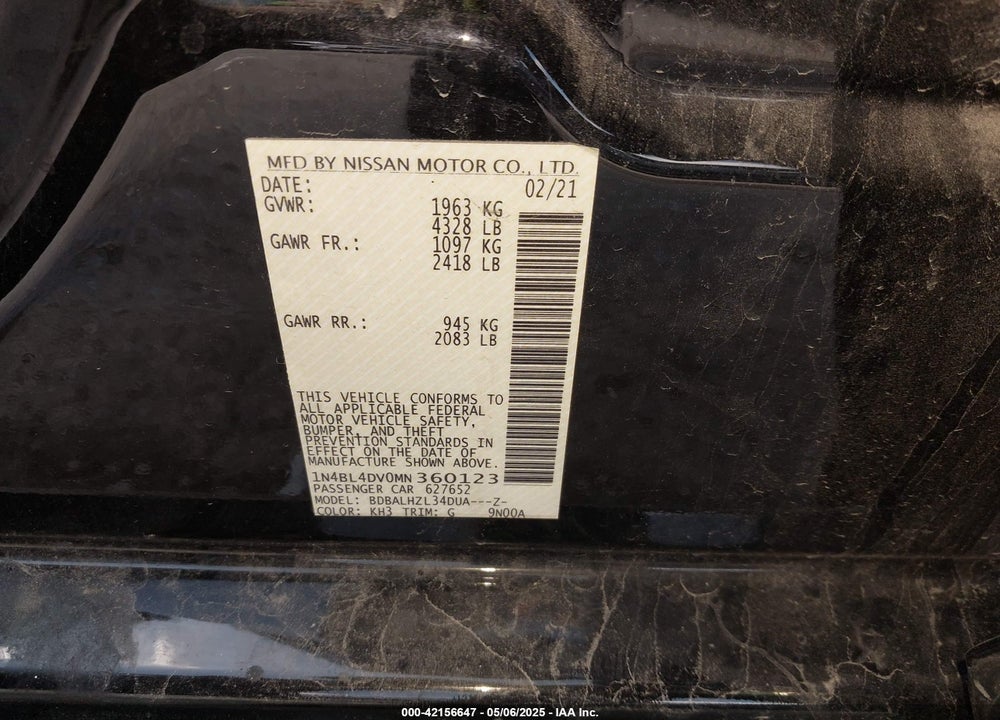 2021 NISSAN ALTIMA VIN: 1N4BL4DV0MN360123