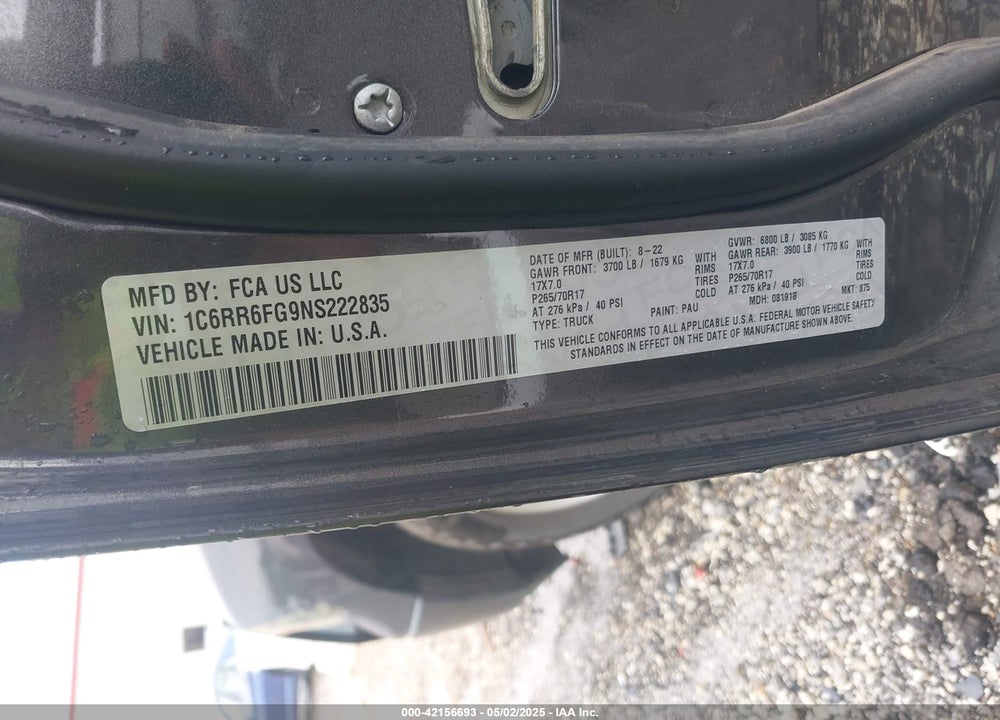 2022 RAM 1500 CLASSIC VIN: 1C6RR6FG9NS222835