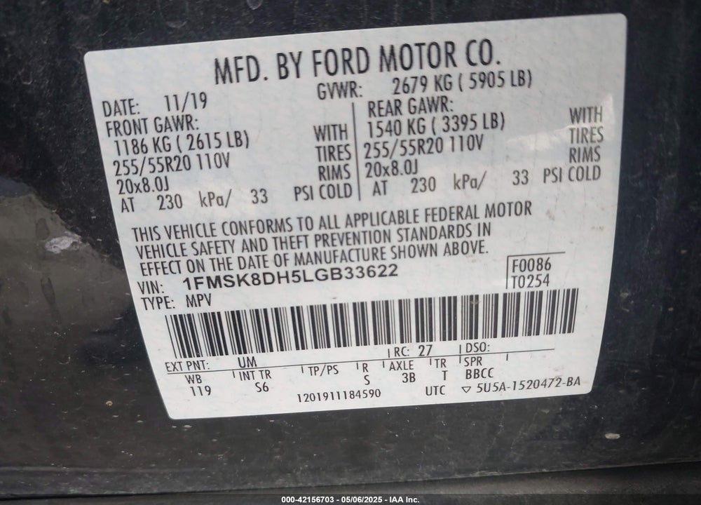 2020 FORD EXPLORER VIN: 1FMSK8DH5LGB33622