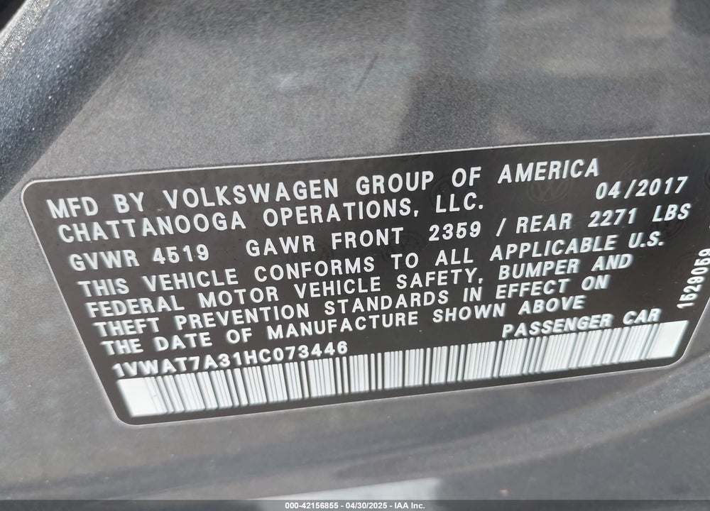 2017 VOLKSWAGEN PASSAT VIN: 1VWAT7A31HC073446