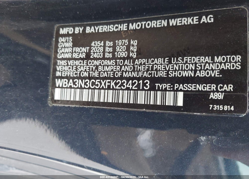 2015 BMW 4 SERIES VIN: WBA3N3C5XFK234213
