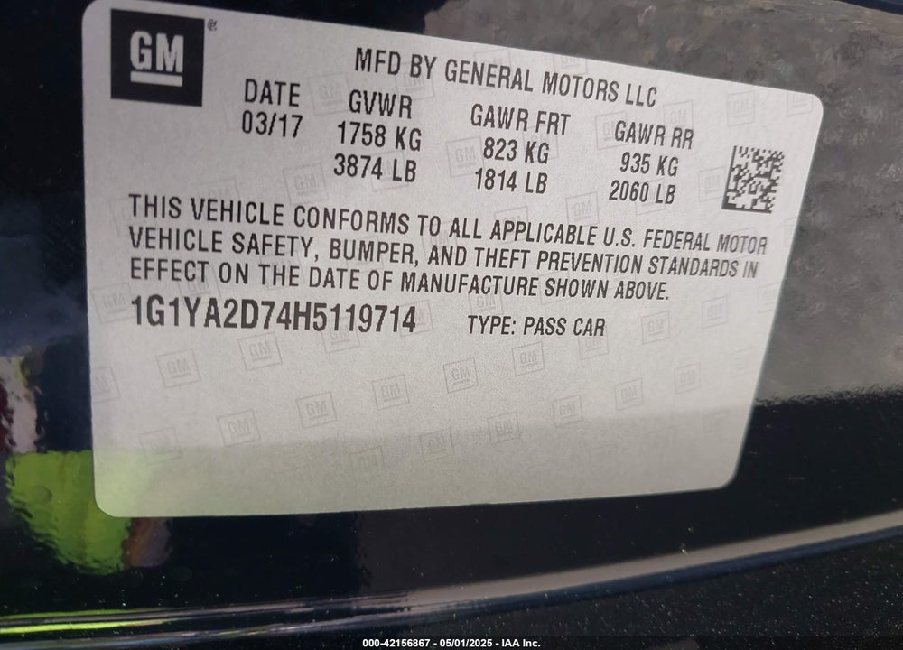 2017 CHEVROLET CORVETTE VIN: 1G1YA2D74H5119714