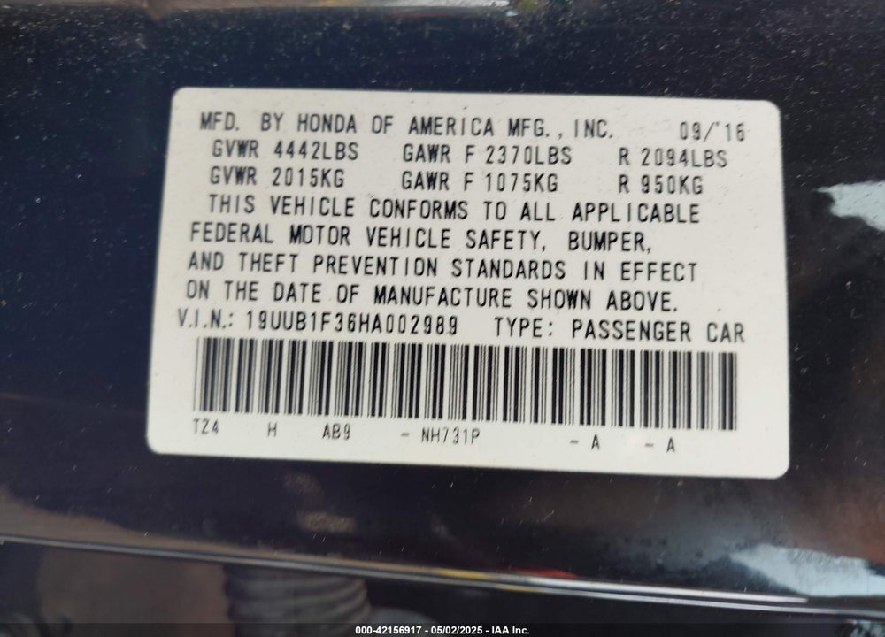 2017 ACURA TLX VIN: 19UUB1F36HA002989