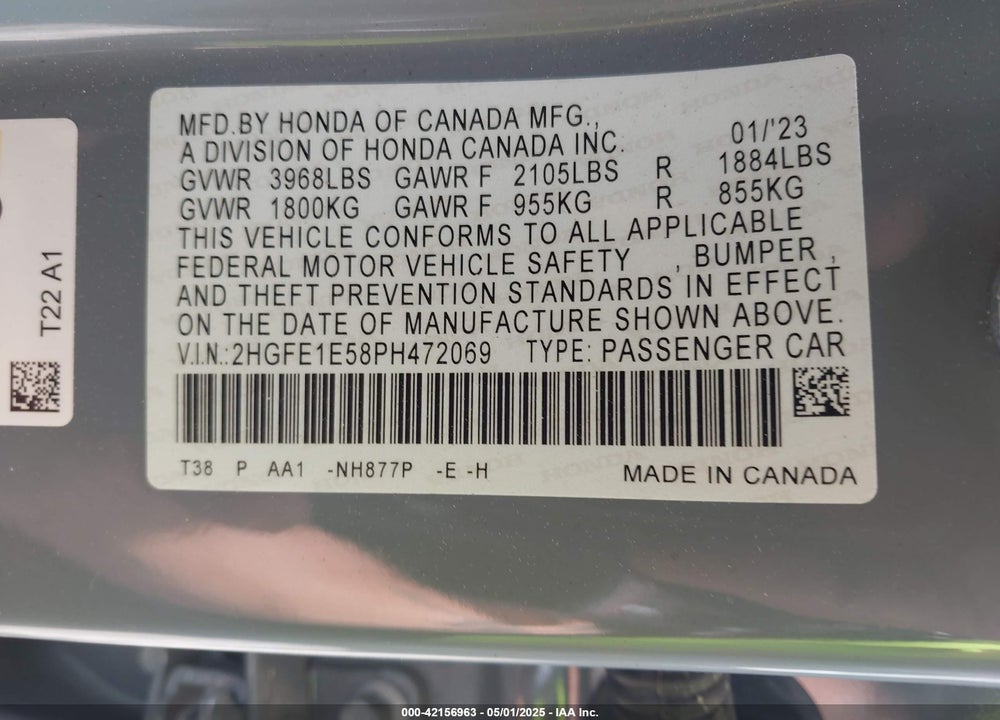 2023 HONDA CIVIC VIN: 2HGFE1E58PH472069