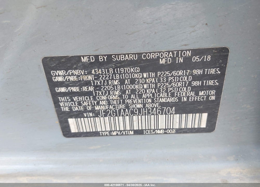 2018 SUBARU CROSSTREK VIN: JF2GTAAC9JH346704