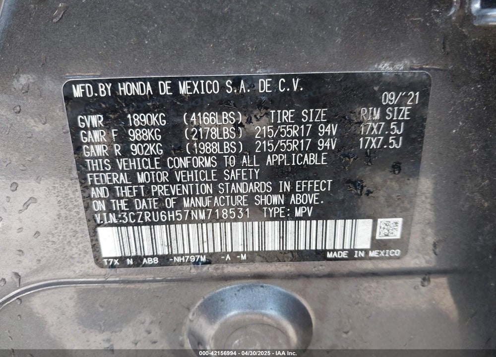 2022 HONDA HR-V VIN: 3CZRU6H57NM718531