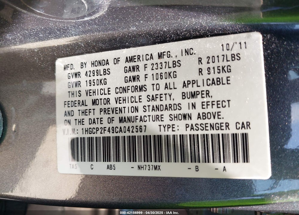2012 HONDA ACCORD VIN: 1HGCP2F49CA042567