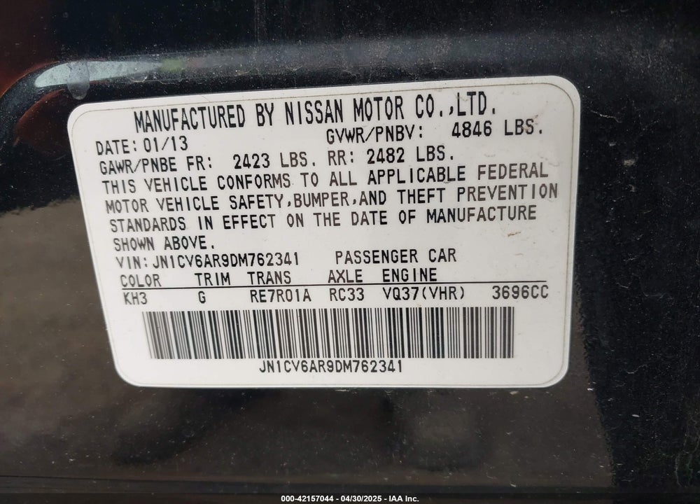 2013 INFINITI G37X VIN: JN1CV6AR9DM762341