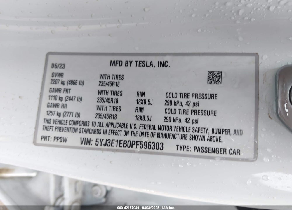 2023 TESLA MODEL 3 LONG RANGE DUAL MOTOR ALL-WHEEL DRIVE VIN: 5YJ3E1EB0PF596303