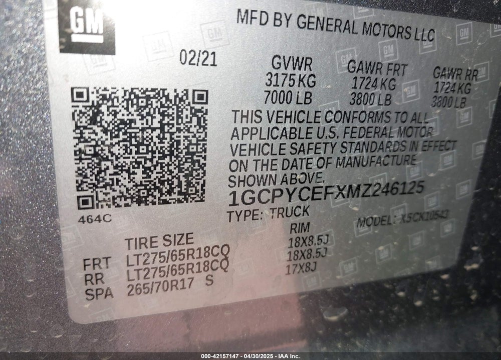 2021 CHEVROLET SILVERADO 1500 4WD SHORT BED CUSTOM TRAIL BOSS VIN: 1GCPYCEFXMZ246125