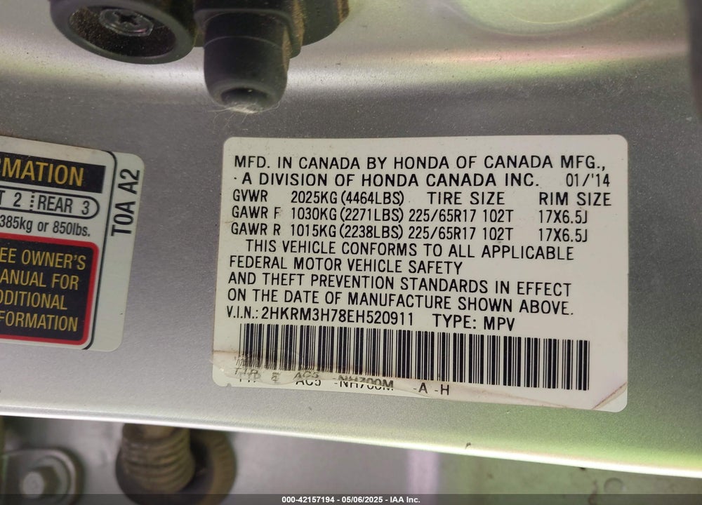 2014 HONDA CR-V VIN: 2HKRM3H78EH520911