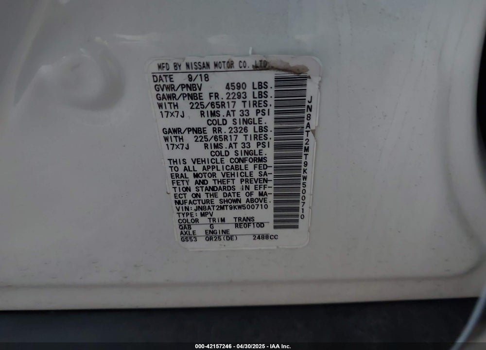 2019 NISSAN ROGUE SV VIN: JN8AT2MT9KW500710