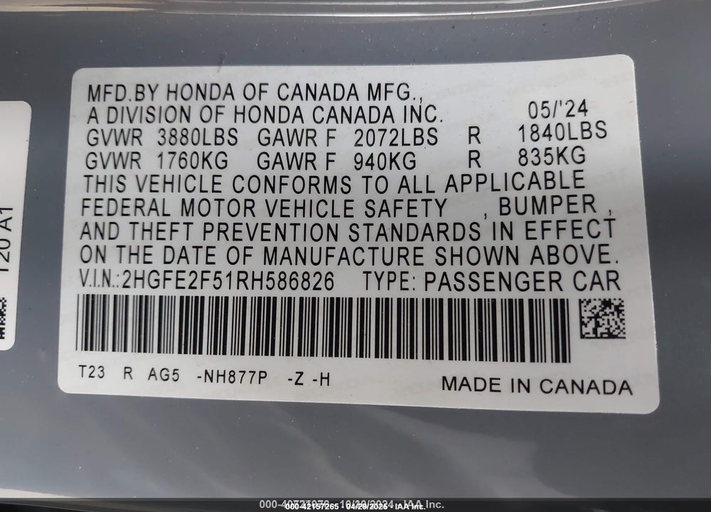 2024 HONDA CIVIC SPORT VIN: 2HGFE2F51RH586826