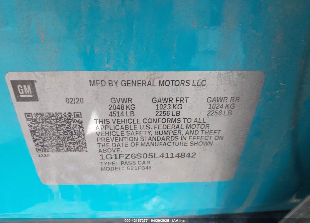 2020 CHEVROLET BOLT EV FWD PREMIER VIN: 1G1FZ6S05L4114842