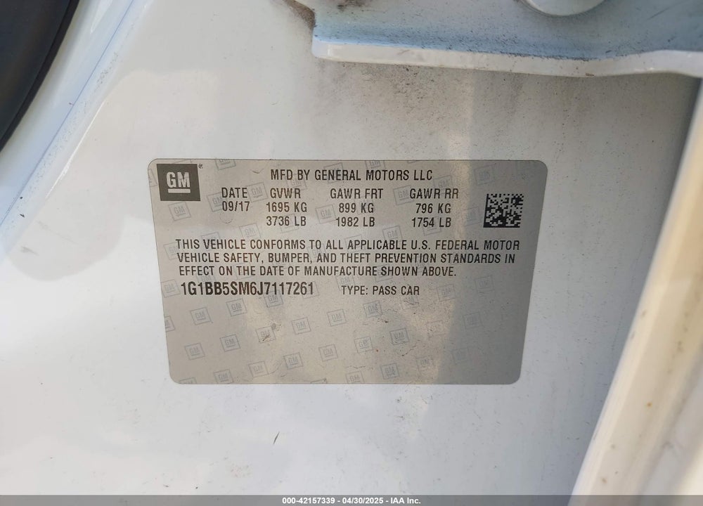 2018 CHEVROLET CRUZE VIN: 1G1BB5SM6J7117261