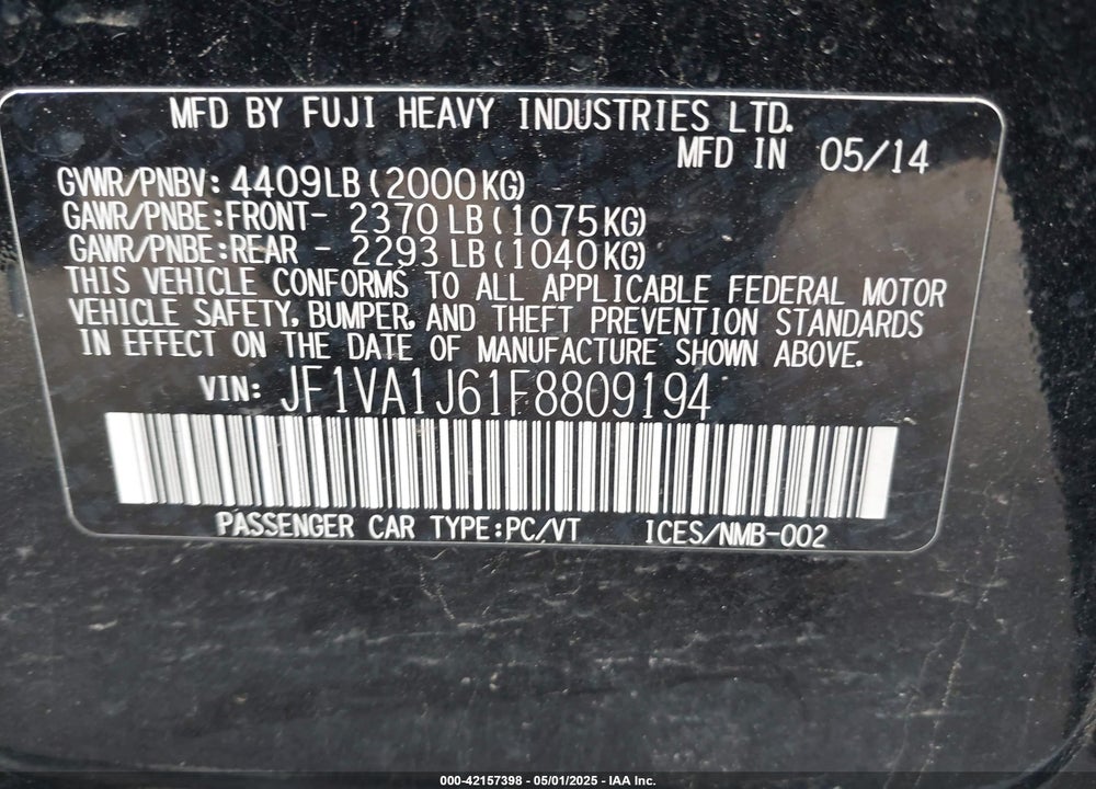 2015 SUBARU WRX VIN: JF1VA1J61F8809194