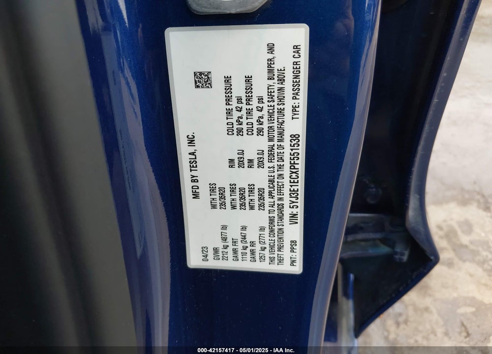 2023 TESLA MODEL 3 PERFORMANCE DUAL MOTOR ALL-WHEEL DRIVE VIN: 5YJ3E1ECXPF551538