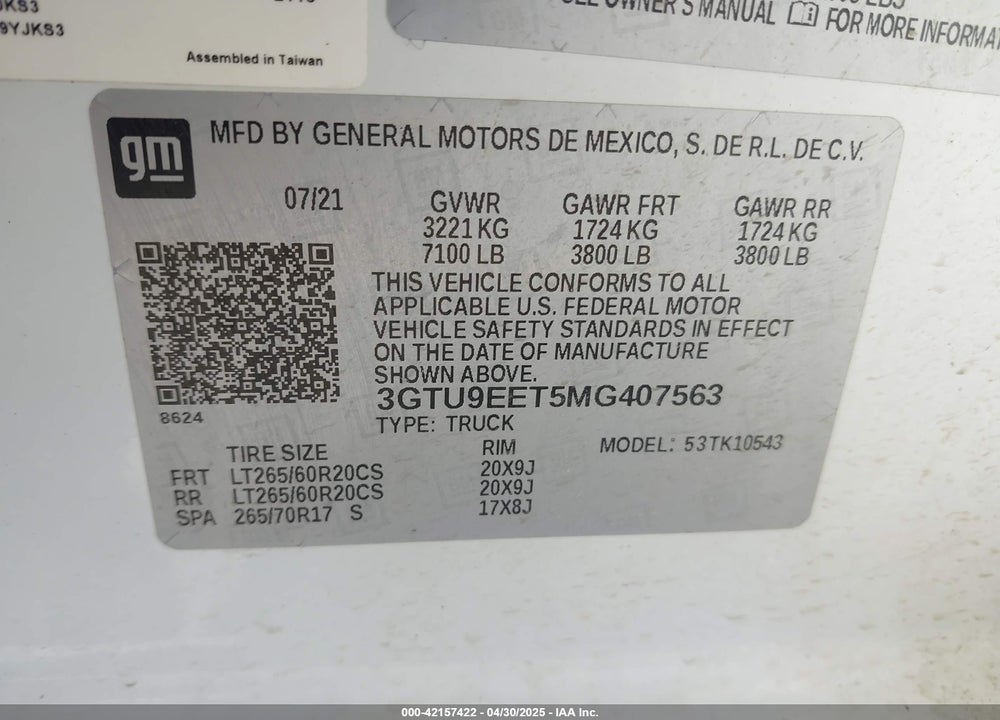 2021 GMC SIERRA 1500 4WD SHORT BOX AT4 VIN: 3GTU9EET5MG407563