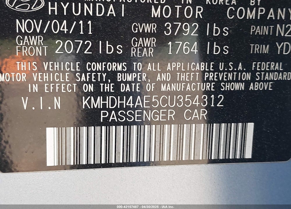 2012 HYUNDAI ELANTRA VIN: KMHDH4AE5CU354312