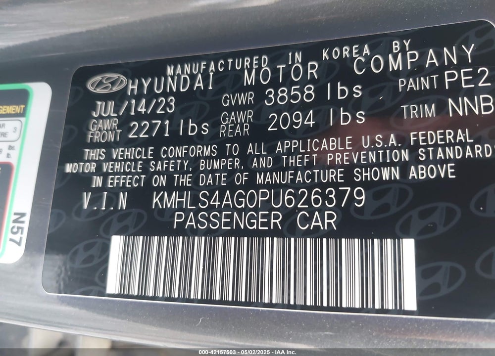 2023 HYUNDAI ELANTRA VIN: KMHLS4AG0PU626379