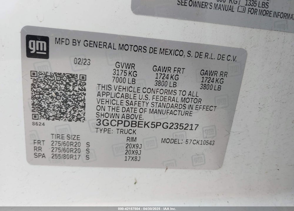 2023 CHEVROLET SILVERADO 1500 4WD SHORT BED CUSTOM VIN: 3GCPDBEK5PG235217