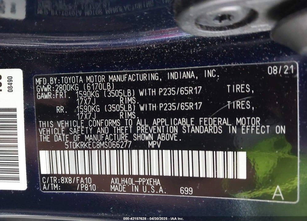 2021 TOYOTA SIENNA LE VIN: 5TDKRKEC8MS066277
