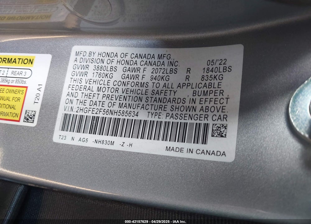 2022 HONDA CIVIC VIN: 2HGFE2F56NH585634