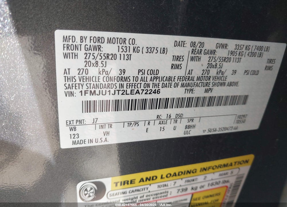2020 FORD EXPEDITION XLT VIN: 1FMJU1JT2LEA72246