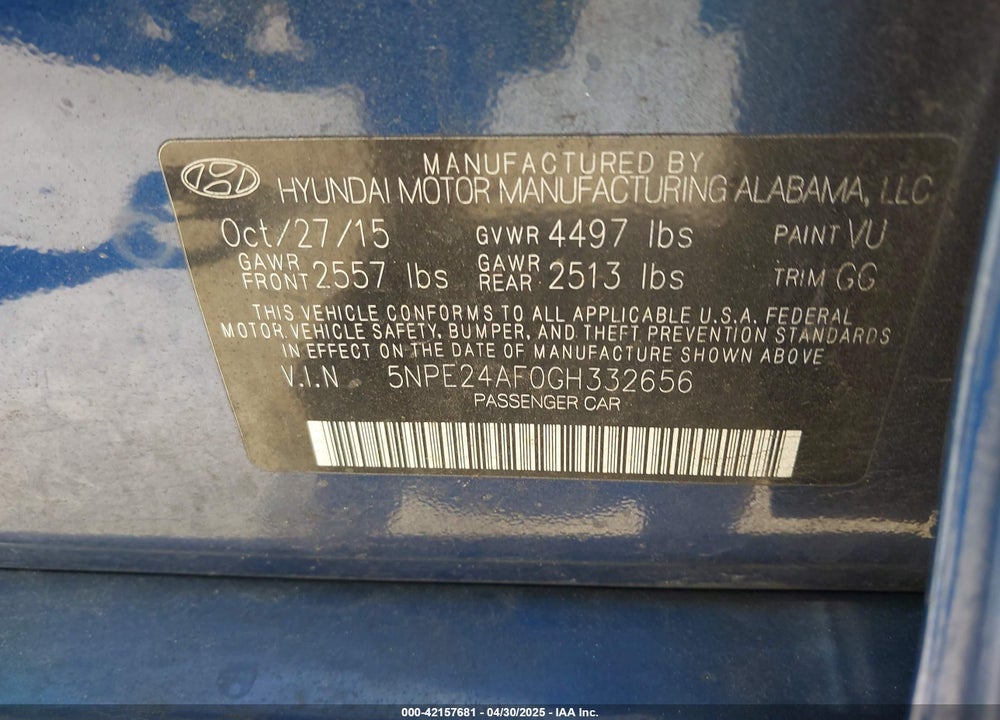 2016 HYUNDAI SONATA VIN: 5NPE24AF0GH332656