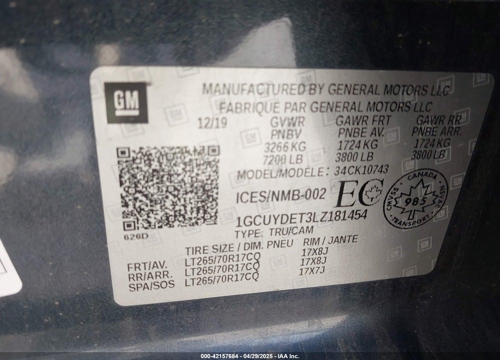 2020 CHEVROLET SILVERADO 1500 VIN: 1GCUYDET3LZ181454