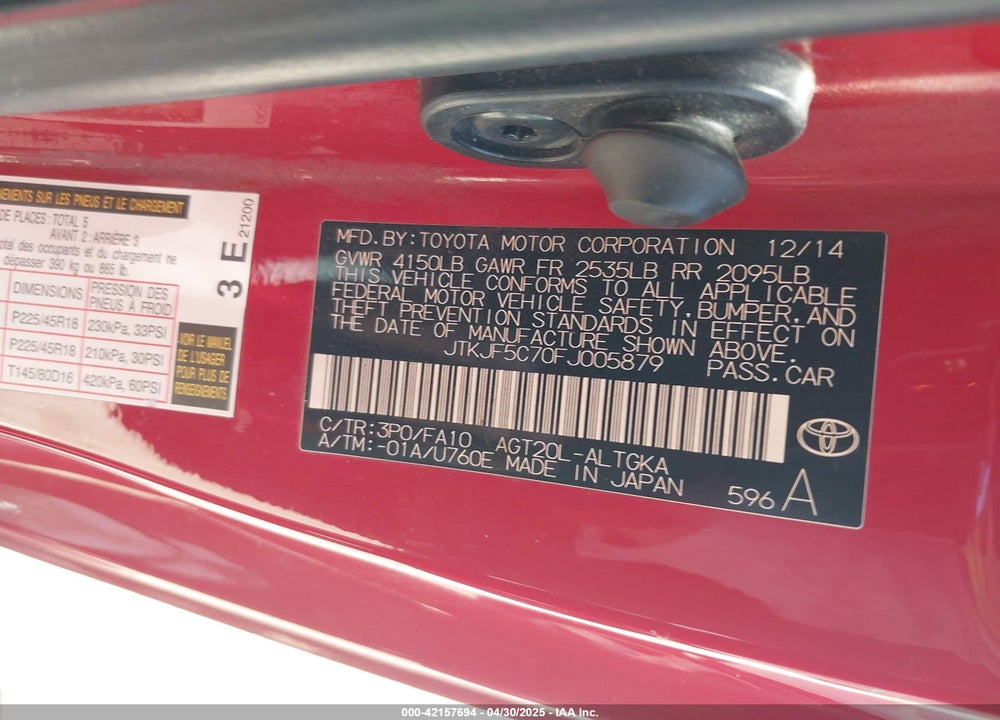 2015 SCION TC VIN: JTKJF5C70FJ005879