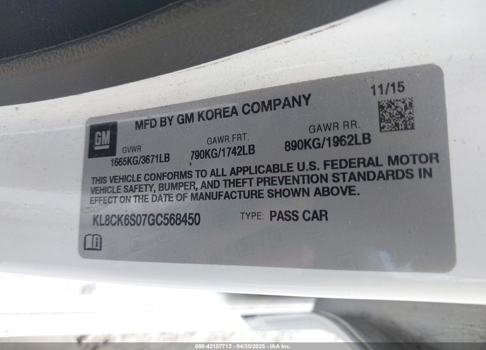 2016 CHEVROLET SPARK EV VIN: KL8CK6S07GC568450