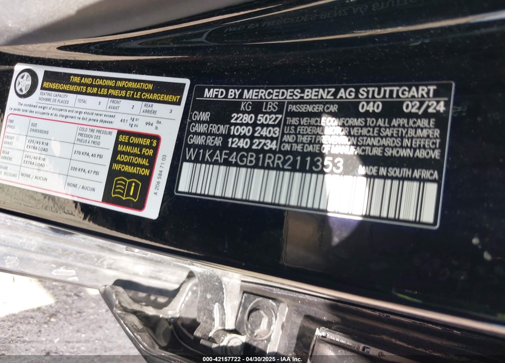 2024 MERCEDES-BENZ C 300 VIN: W1KAF4GB1RR211353
