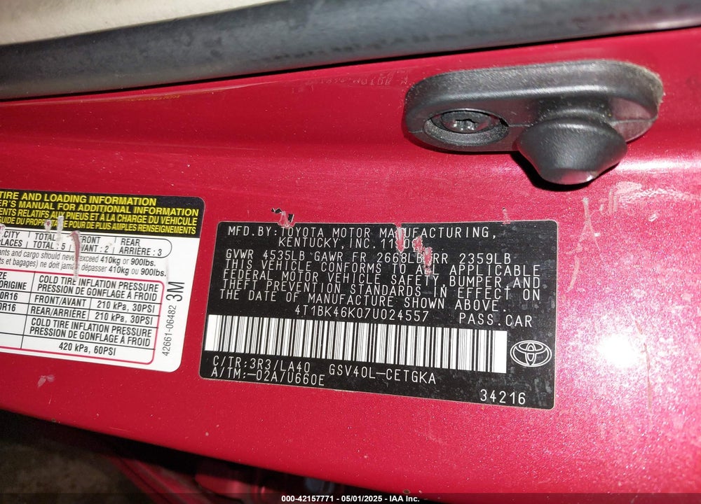 2007 TOYOTA CAMRY XLE V6 VIN: 4T1BK46K07U024557