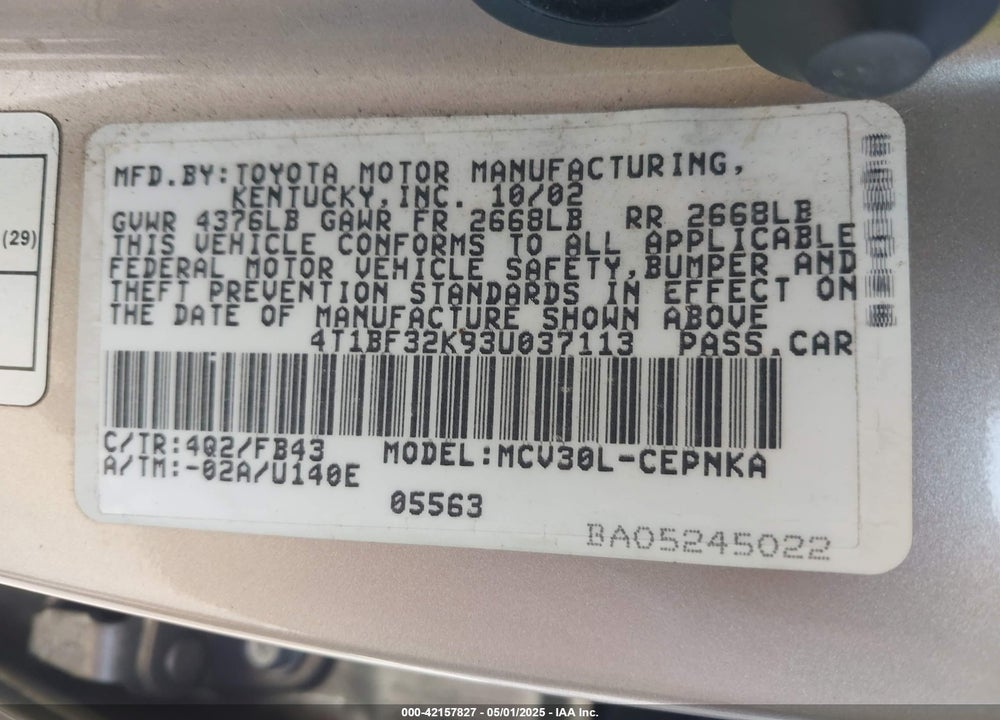 2003 TOYOTA CAMRY LE V6 VIN: 4T1BF32K93U037113