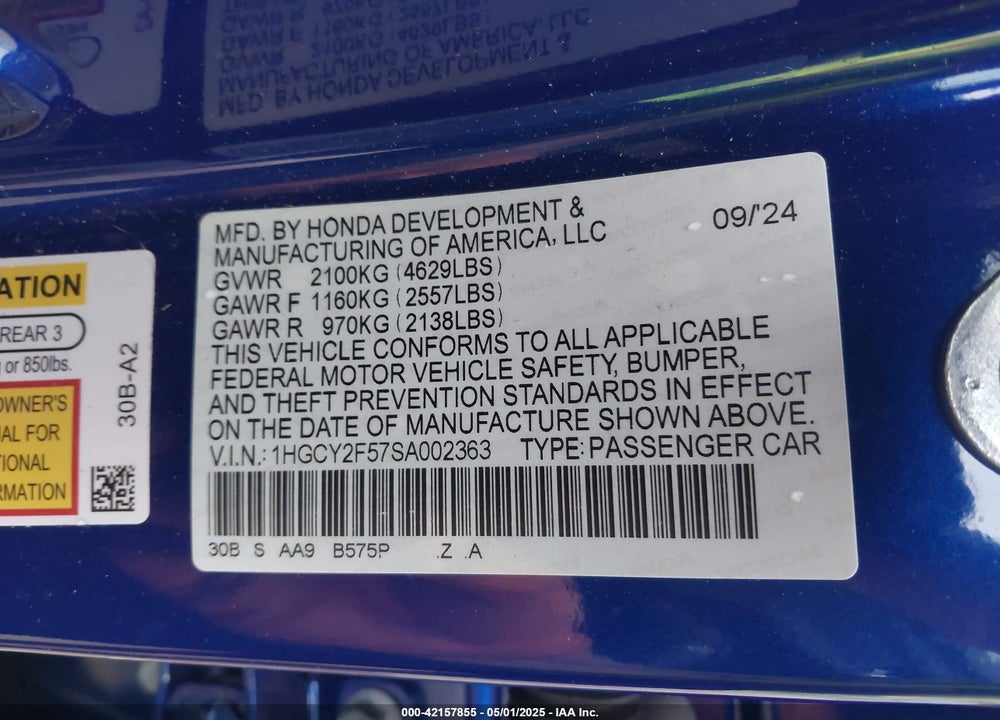 2025 HONDA ACCORD HYBRID SPORT VIN: 1HGCY2F57SA002363