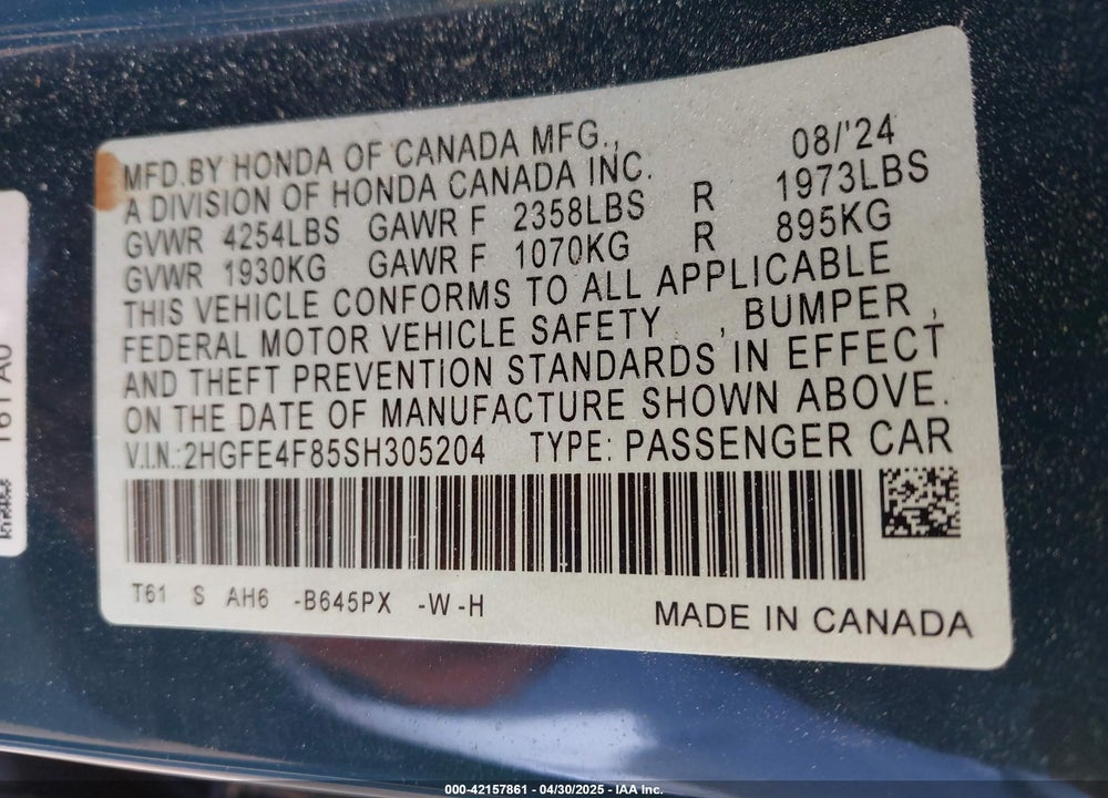 2025 HONDA CIVIC VIN: 2HGFE4F85SH305204