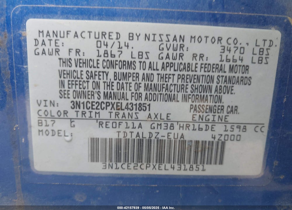 2014 NISSAN VERSA NOTE SV VIN: 3N1CE2CPXEL431851